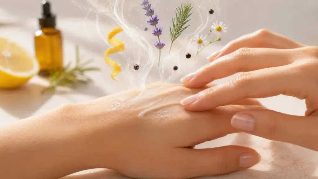Cannabis terpenes for skin shown as citrus, lavender, pine, chamomile and black pepper aroma notes rising from cream lightly applied to the back of a hand.