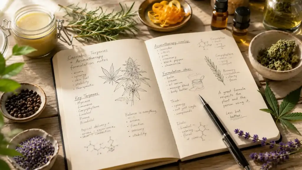 Cannabis terpenes for skin explored in a formulator’s notebook with cannabis, lavender, citrus peel, rosemary, black pepper and balm.
