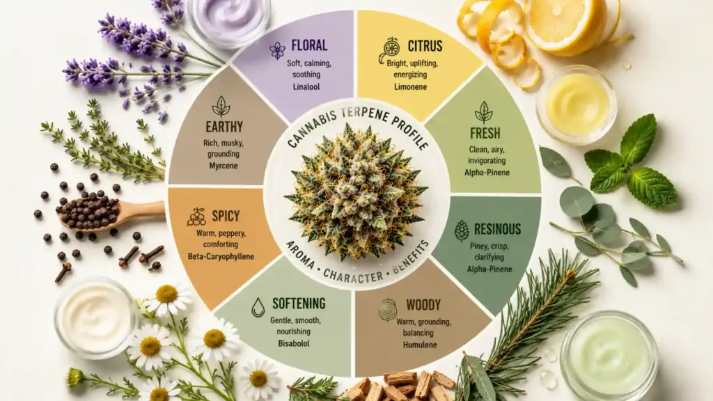 Cannabis terpenes for skin profile wheel showing earthy, citrus, spicy, floral, resinous, woody, softening and fresh aroma notes around a cannabis flower.