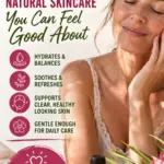Pinterest image for Palmarosa essential oil and natural skincare, showing a realistic woman with healthy looking skin beside a Palmarosa essential oil bottle, pink flowers, green leaves, and bold text about skincare support, hydration, balance, and daily care.
