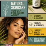 Mondrian style Pinterest pin promoting a Palmarosa essential oil skincare blog, with bold colour blocks, a mixed race woman with healthy looking skin, a Palmarosa essential oil bottle, botanical leaves and flowers, and clear text about natural skincare, hydration, balance, and daily skin care.