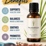 Modern Pinterest graphic featuring a bottle of Palmarosa essential oil beside Palmarosa grass, with bold text highlighting benefits for healthy skin, emotional balance, mind and body, and natural glow, plus a red Watch on YouTube button.