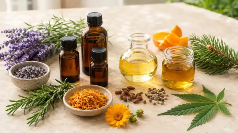 Essential oils, herbs, vegetable oils and terpene-rich plants arranged for an aromatherapy guide