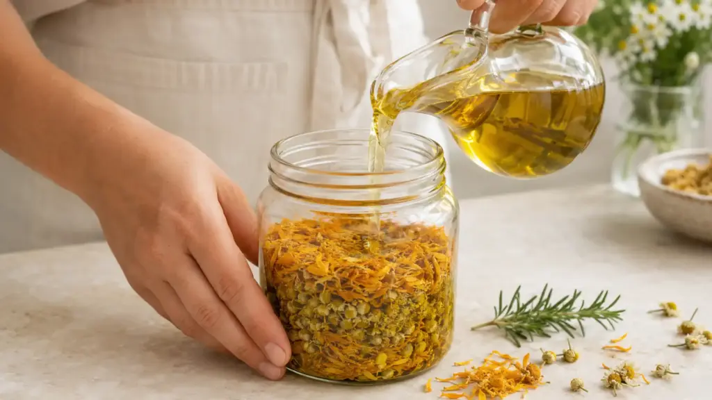 Dried calendula and chamomile being covered with vegetable oil to make a herbal infusion.