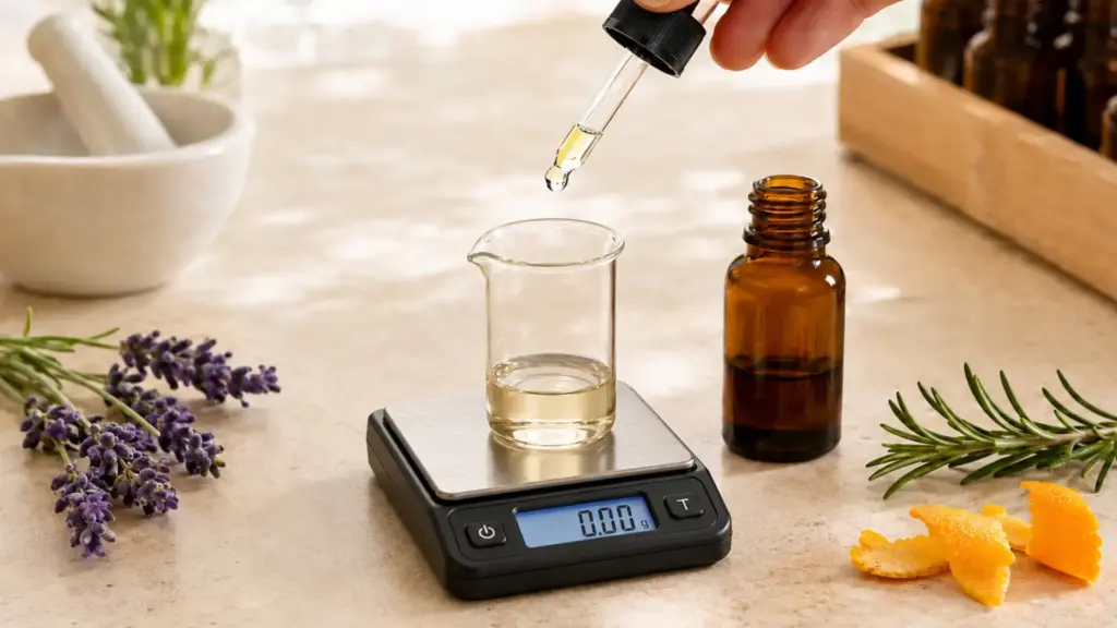 Essential oil being measured into a glass beaker on a precision scale for an aromatherapy blend.