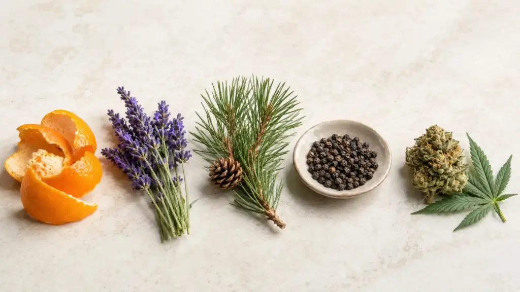 Orange peel, lavender, pine needles, black peppercorns and cannabis flower as natural terpene sources.