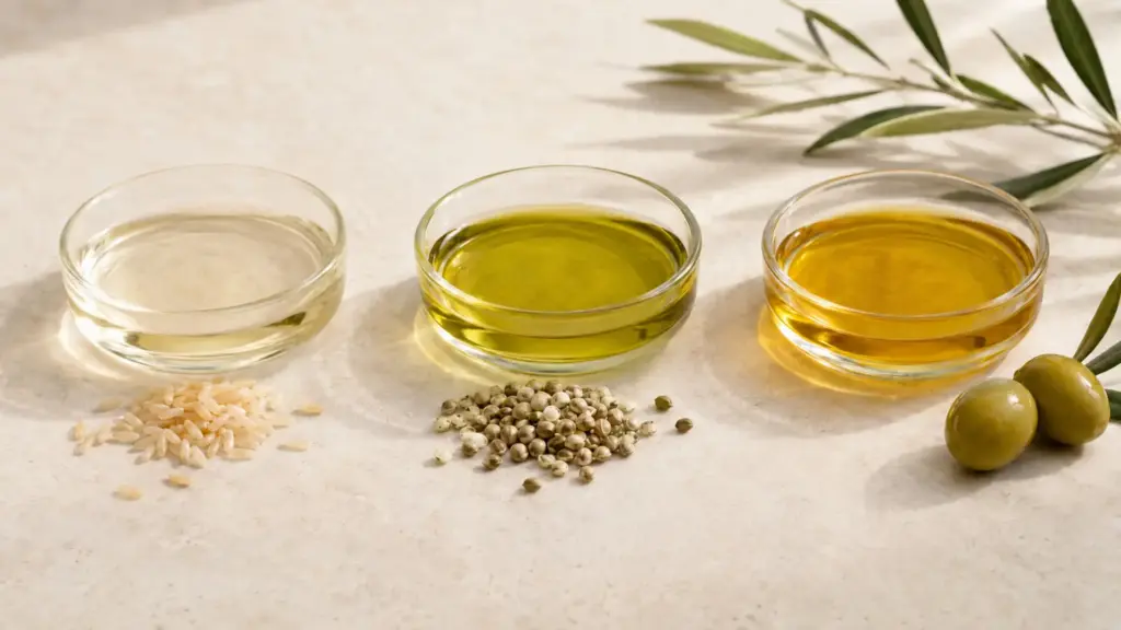 Rice bran, hemp seed and olive oils shown beside rice, hemp seeds and olives.