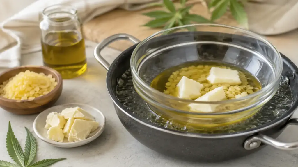 Ingredients melting together for a cannabis balm recipe with cocoa butter, beeswax and infused olive oil.