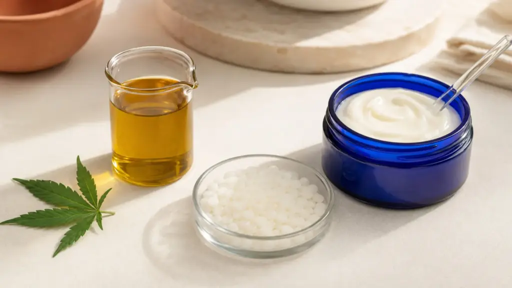 Amber cannabis infused carrier oil, white Cetearyl Alcohol pellets and a finished cream arranged in a clean cosmetic laboratory.