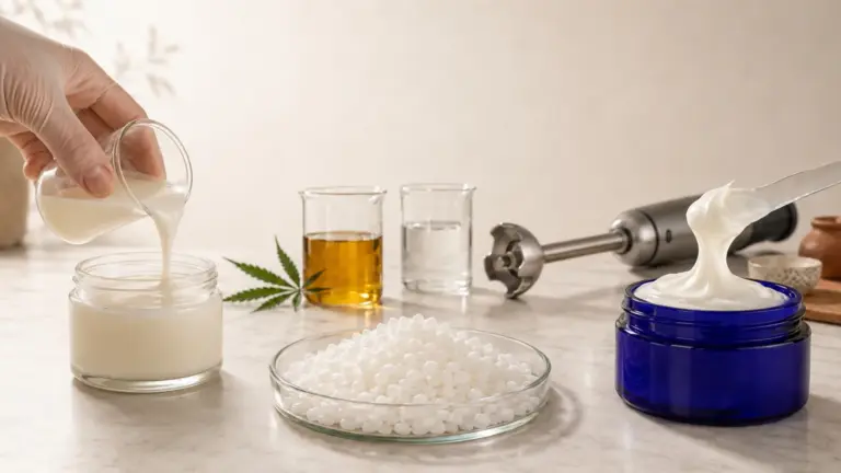 Gloved hand pouring lotion into a jar beside Cetearyl Alcohol pellets, cannabis oil, water and a thick finished cream.
