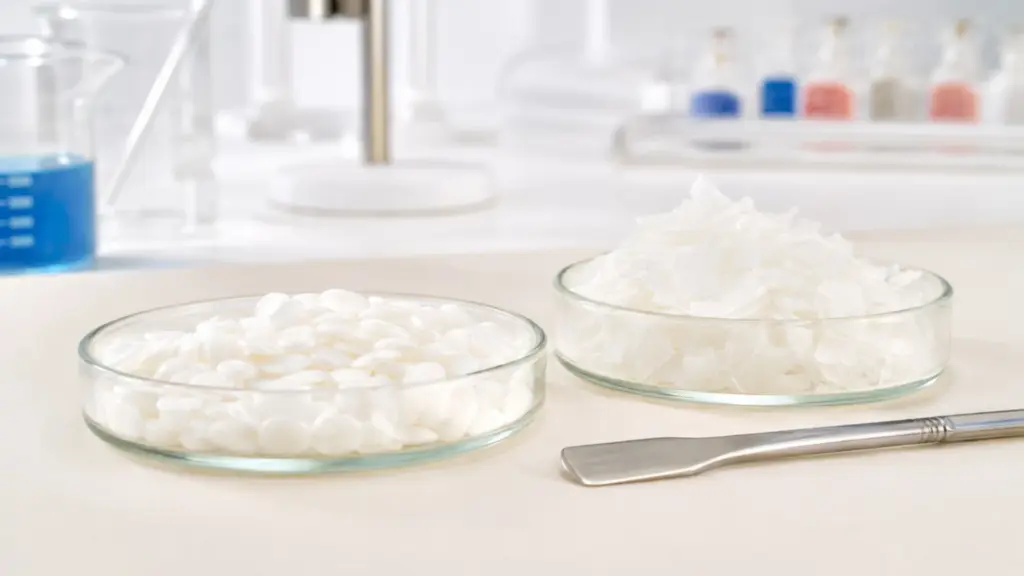 Close view of white Cetearyl Alcohol pellets and flakes in separate glass laboratory dishes.