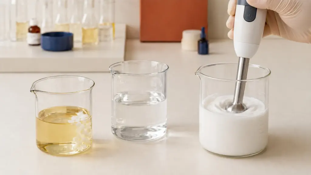 Gloved hand blending cream in a glass beaker beside water and an oil phase containing Cetearyl Alcohol pellets.