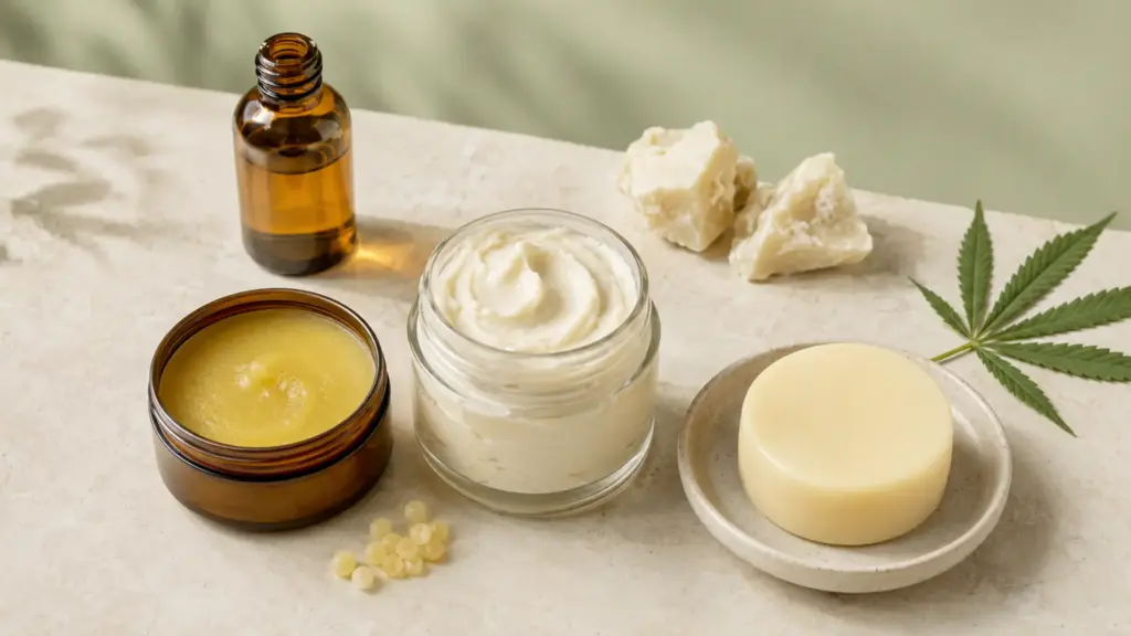 DIY cannabis products including balm, whipped body butter, a solid lotion bar and infused oil