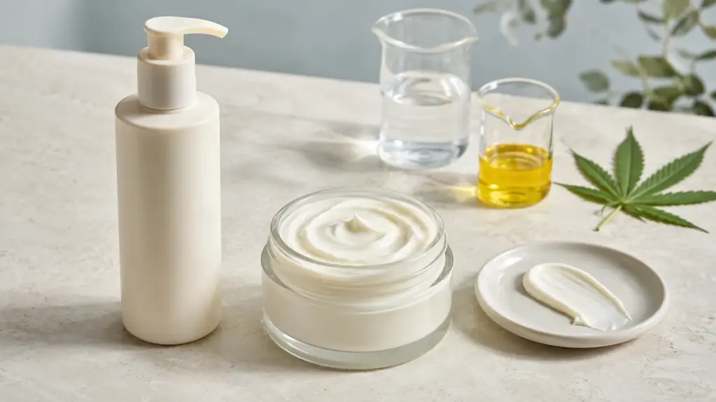 DIY cannabis products showing a pump lotion, rich cream, water and infused carrier oil.