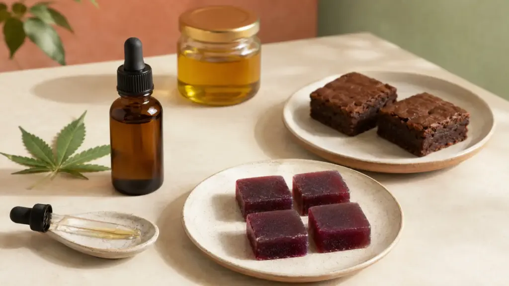 DIY cannabis products including tincture, berry gummies and evenly portioned brownies.