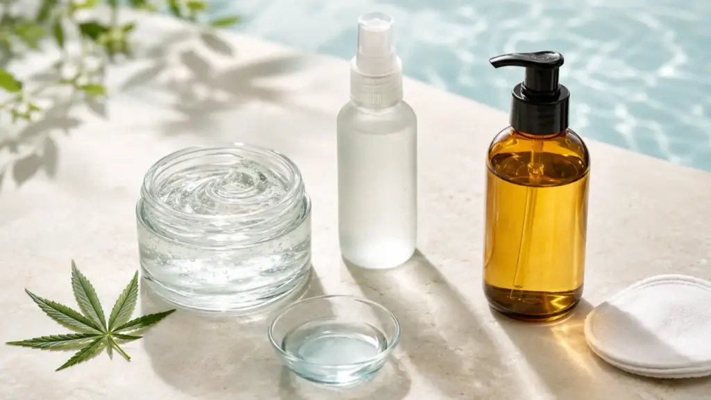 DIY cannabis products including clear gel, facial toner and golden oil cleanser.