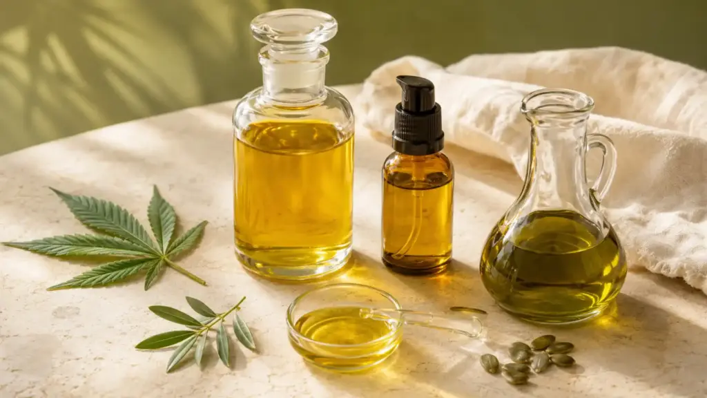 DIY cannabis products showing infused carrier oils for skincare, massage and cooking.