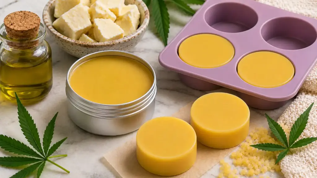 Finished cannabis balm in a tin with soft lotion bars in and beside a silicone mould.