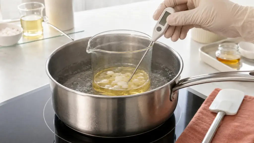 Gloved hand checking Cetearyl Alcohol melting in oil in a glass beaker set in a saucepan water bath.
