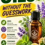 Bright vertical infographic reading “Essential Oils Without the Guesswork”, featuring an amber essential oil bottle, lavender, mint, rosemary and lemon, with sections on uses, safety, blending and terpenes.