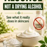 White skincare cream and cetearyl alcohol pellets beside a rubbing alcohol bottle crossed out in red. Text reads: Cetearyl Alcohol, Not a Drying Alcohol.