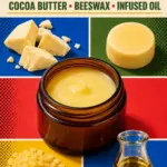 Bold pop art layout showing cocoa butter pieces, beeswax pellets, infused oil, an amber jar of balm and a round lotion bar beneath the words Cannabis Balm Ingredients.