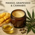 Luxury skincare still life showing an open amber jar of golden solid facial oil with mango, grapeseed oil, grapeseeds and cannabis leaves beneath the words Solid Facial Oil: Mango, Grapeseed & Cannabis.