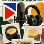 Colourful magazine collage with a microphone, headphones, play symbol, cannabis balm, lotion bar, cocoa butter, beeswax and infused oil beneath the words Watch & Listen on YouTube.