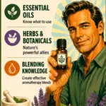 Retro illustrated Pinterest graphic showing a man holding an amber essential oil bottle beside lavender, lemon, herbs and blending equipment, with large text reading “Aromatherapy Made Simple”.