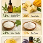 Bold formulation graphic showing the six ingredients and exact percentages for a solid facial oil: 34% cannabis-infused grapeseed oil, 30% mango butter, 24% cetearyl alcohol, 10% rice powder, 1% vitamin E and 1% essential oils.