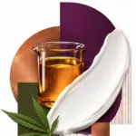 Editorial collage featuring amber oil in a laboratory beaker, a thick white cosmetic cream smear, cetearyl alcohol pellets and a cannabis leaf against copper, plum and olive shapes. Text reads: Smoother Cannabis Creams, Cetearyl Alcohol.