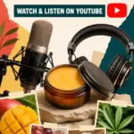 Colourful magazine collage showing an open tin of solid facial oil, microphone, headphones, play symbol and framed ingredient images beneath the words Watch & Listen on YouTube.