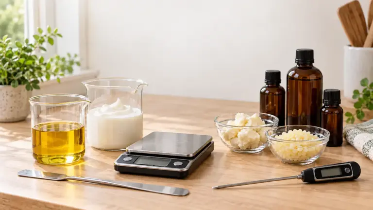 Skincare formulation ingredients and equipment, including oil, cream, butter, wax pellets, digital scales and a thermometer.
