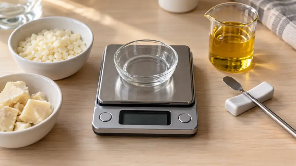 Empty glass weighing dish on digital scales beside cosmetic butter, emulsifier pellets, carrier oil and a metal spatula.