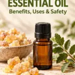 Square graphic showing an amber bottle of frankincense essential oil surrounded by golden resin tears and green Boswellia leaves, with the words “Frankincense Essential Oil: Benefits, Uses & Safety” and 420formulator.com.