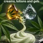Amber oil and clear water droplets joined by a stylised molecular structure flowing into pale green lotion. Headline reads “5 emulsifiers for cannabis skincare”, with 420formulator.com in the footer.