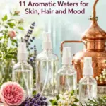 Clear hydrosol spray bottles surrounded by rose, lavender, orange blossom and rosemary beside a copper distillation still. Text reads: Hydrosols for Skincare & Aromatherapy. 11 Aromatic Waters for Skin, Hair and Mood.