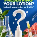 Straight-sided lotion bottle beneath a lotion-shaped question mark, surrounded by leaves, laboratory glassware and a pH test strip.