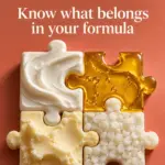 Skincare formulation essentials illustrated as four cosmetic puzzle pieces on coral, with the words Know what belongs in your formula and a bold 420formulator.com footer.