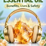 Pinterest poster showing gold headphones surrounding a glowing piece of amber frankincense resin, with golden audio waveforms on a pale aqua and periwinkle background. Text reads Frankincense Essential Oil, Benefits, Uses & Safety, Listen to the Episode and 420formulator.com.
