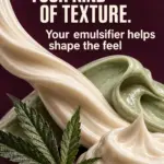 Sculptural ivory and sage skincare textures with a cannabis leaf against deep plum. Text reads “Your cannabis cream. Your kind of texture.” A light-lettered 420formulator.com footer sits below.