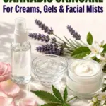 Clear hydrosol mist bottle, bowl of translucent gel and jar of cream with lavender, orange blossom, rose petals and one cannabis leaf. Text reads: Hydrosols in Cannabis Skincare. For Creams, Gels & Facial Mists.