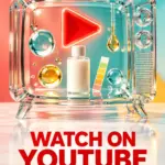 Transparent glass television showing a red play symbol, lotion bottle, pH strip and coloured droplets with the words Watch on YouTube.