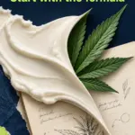 Cannabis topicals poster showing a cream swirl lifting like a page over a cannabis leaf and formulation notebook, with a lime 420formulator.com footer.