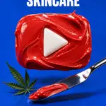 Red lotion play button, chrome spatula and cannabis leaf against cobalt blue. Text promotes five emulsifiers for cannabis skincare, with “Watch on YouTube” and a wide 420formulator.com footer.