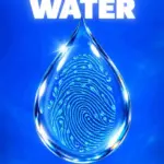 Bright cobalt-blue poster with a large transparent water droplet containing a botanical fingerprint pattern. Text reads: Try Hydrosols Instead of Water. In DIY Skincare.
