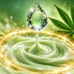 Large water droplet suspended above pale-green lotion, surrounded by a glowing gold ring and cannabis leaves, with the words Add Water? Add a Preservative.