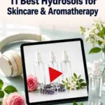 Over-ear headphones beside a tablet showing clear hydrosol spray bottles, rose, lavender and orange blossom with a red play symbol. Text reads: Watch on YouTube. 11 Best Hydrosols for Skincare & Aromatherapy.