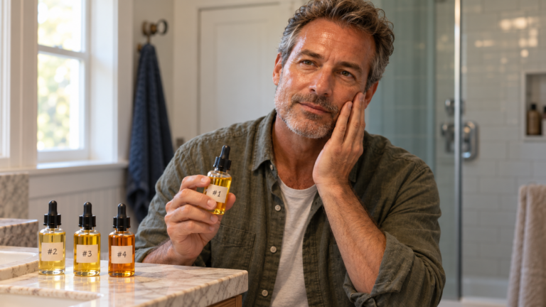 Man choosing between four blends from the facial oil recipes for oily skin, holding one bottle while touching his cheek.