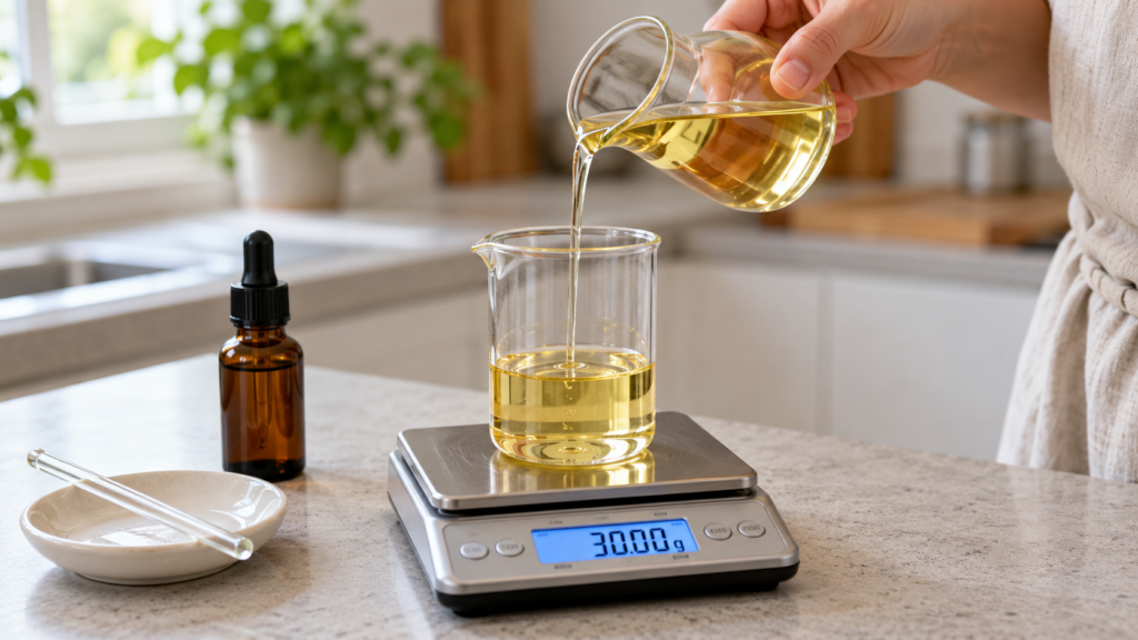 Golden oil being poured into a glass beaker on digital scales to make facial oil recipes for oily skin.